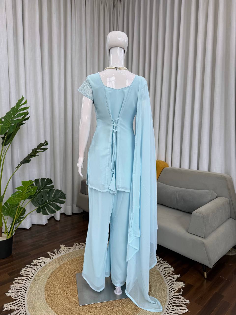 Faux Georgette Thread & Sequience Work Top Pent