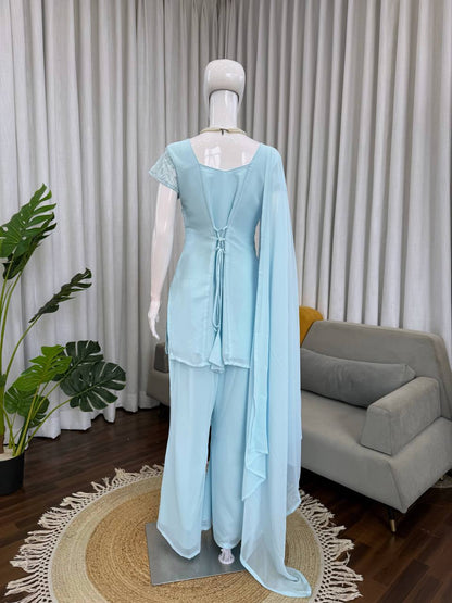 Faux Georgette Thread & Sequience Work Top Pent