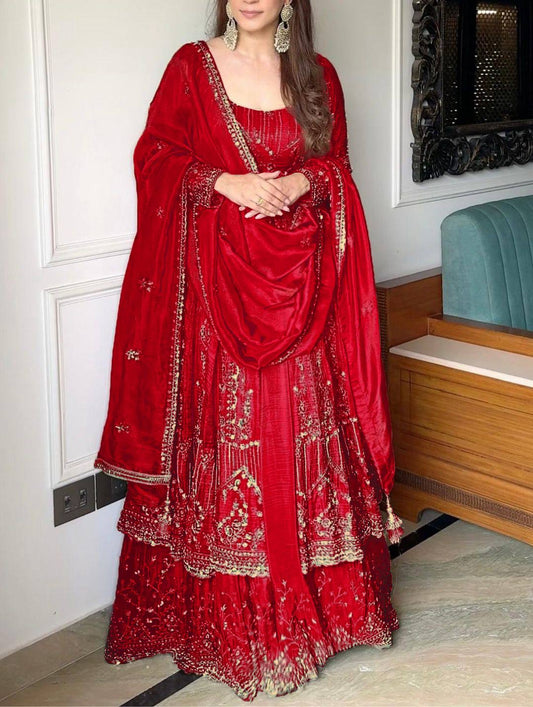 Havy Crunchi Silk With Embroidery Work Gown Lehenga