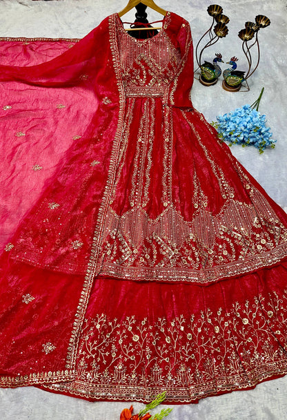 Havy Crunchi Silk With Embroidery Work Gown Lehenga