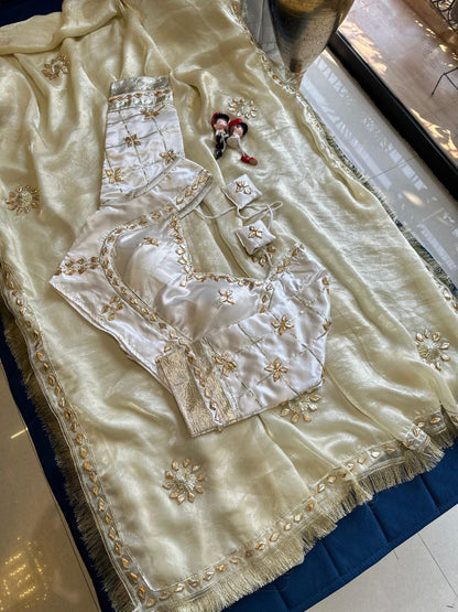 Designer pure Chinon Saree With Sobber Kachi Gota Work saree