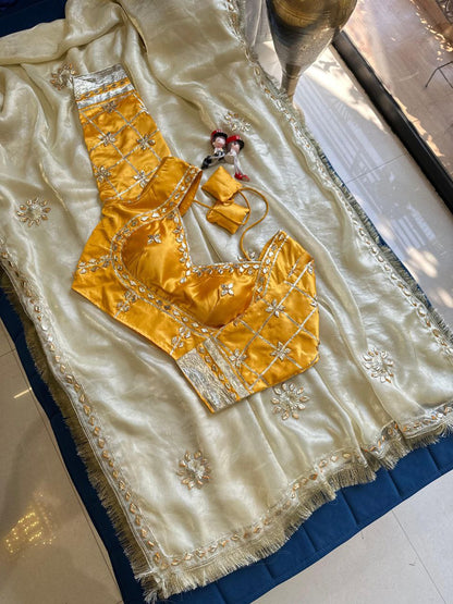Designer pure Chinon Saree With Sobber Kachi Gota Work saree