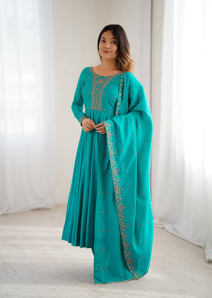 Premium Roman Shimmer Chanderi Silk With Beads Work Ready To Wear Anarkali Gown