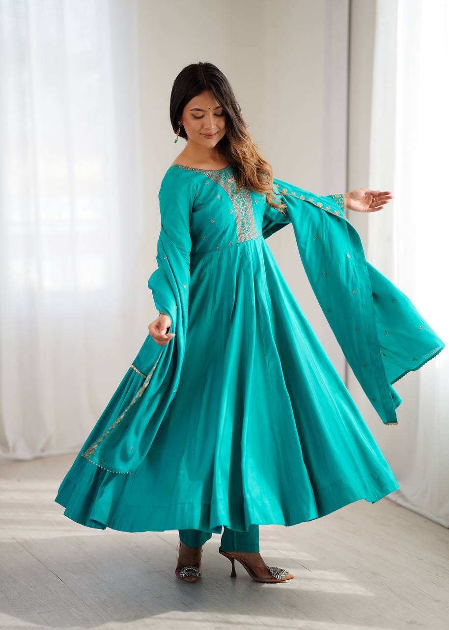 Premium Roman Shimmer Chanderi Silk With Beads Work Ready To Wear Anarkali Gown