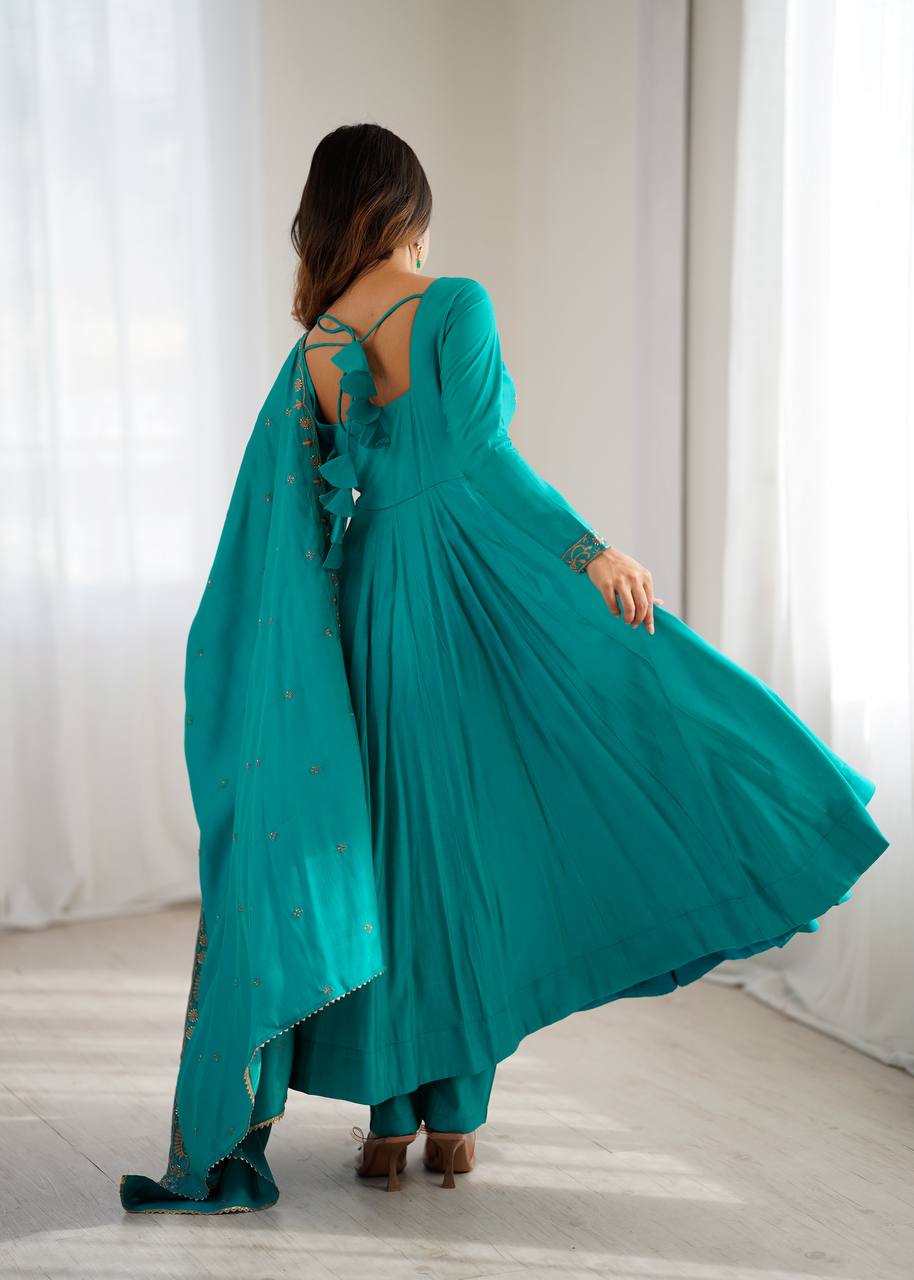 Premium Roman Shimmer Chanderi Silk With Beads Work Ready To Wear Anarkali Gown