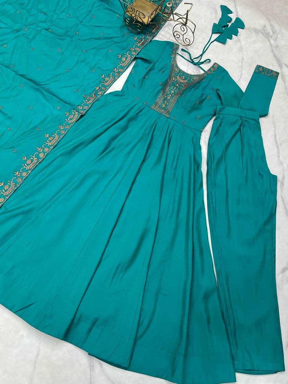 Premium Roman Shimmer Chanderi Silk With Beads Work Ready To Wear Anarkali Gown