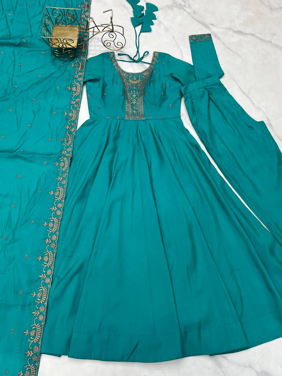 Premium Roman Shimmer Chanderi Silk With Beads Work Ready To Wear Anarkali Gown