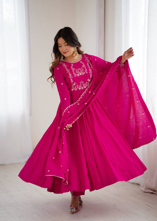 Pink Color Chanderi Silk With Hand Work Anarkali