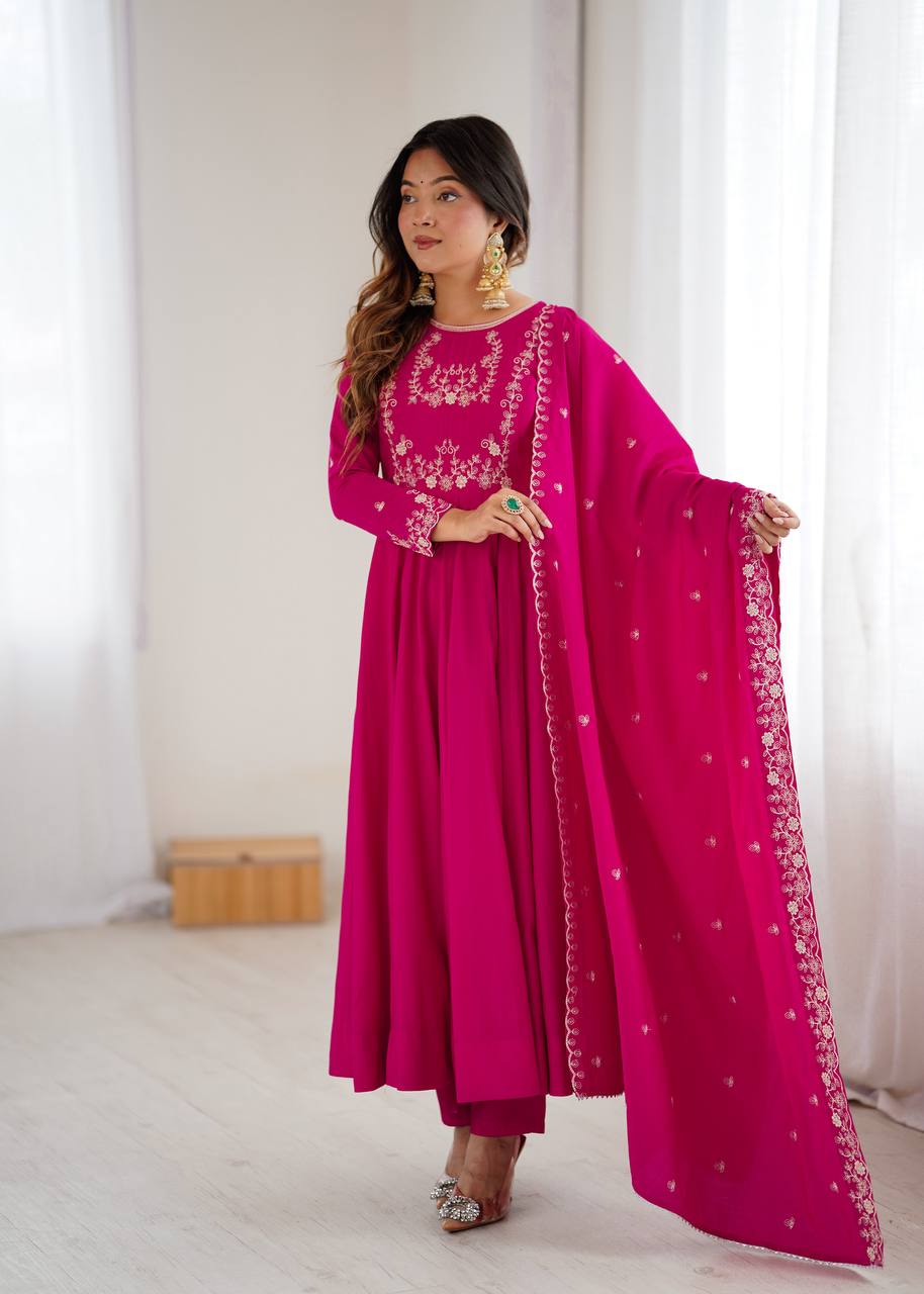 Pink Color Chanderi Silk With Hand Work Anarkali