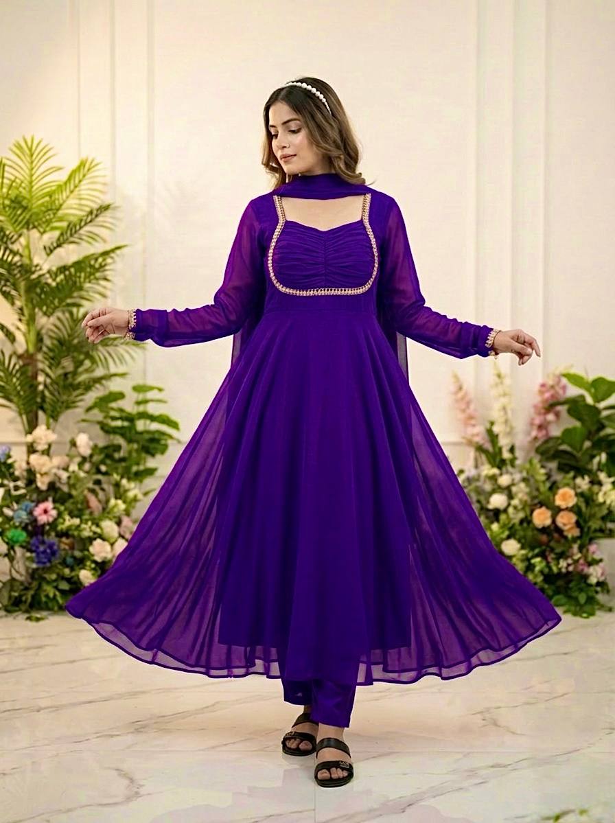 Beautiful Fox Georgette Anarkali Suit With Sequence Embroidery And Moti Lace Work