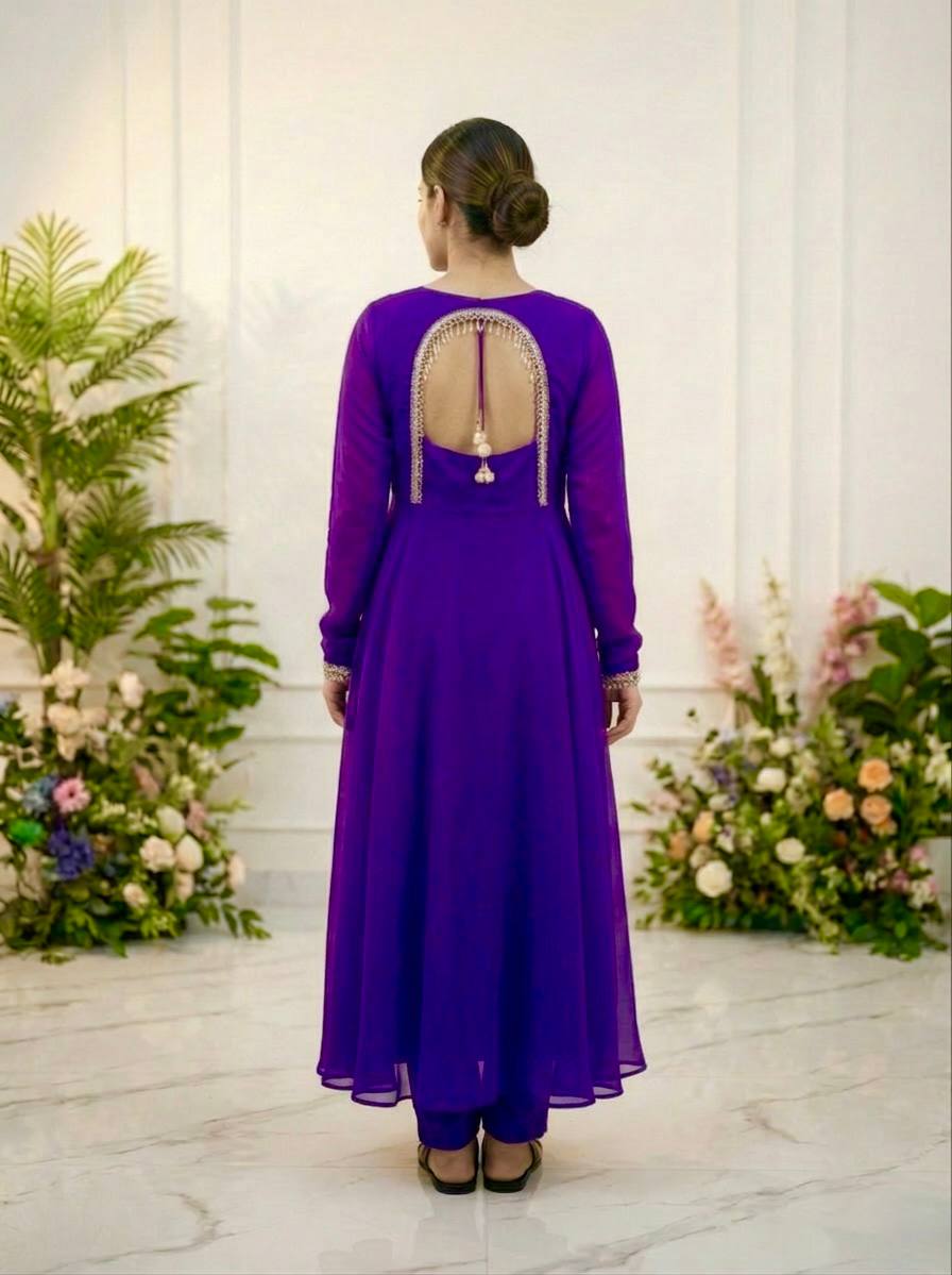 Beautiful Fox Georgette Anarkali Suit With Sequence Embroidery And Moti Lace Work