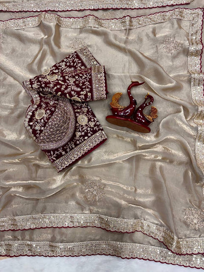 Designer Soft Satin With Sequence Zari Embroidery work saree