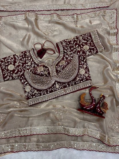 Designer Soft Satin With Sequence Zari Embroidery work saree