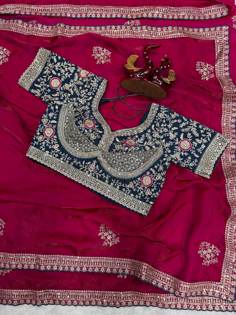 Designer Soft Satin With Sequence Zari Embroidery work saree