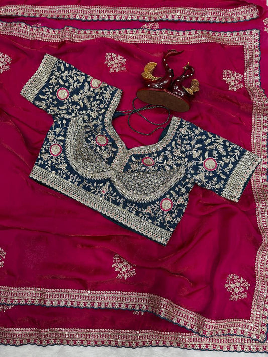 Designer Soft Satin With Sequence Zari Embroidery work saree