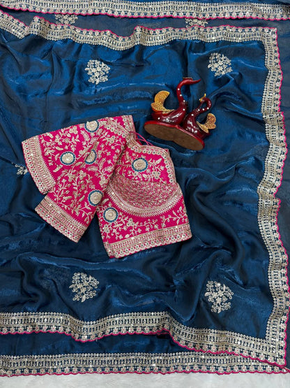 Designer Soft Satin With Sequence Zari Embroidery work saree