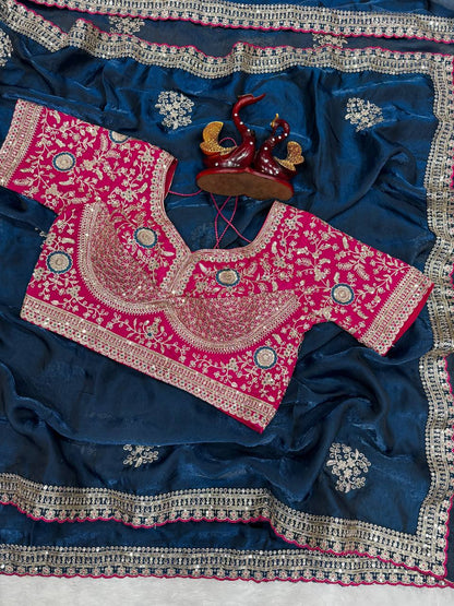 Designer Soft Satin With Sequence Zari Embroidery work saree