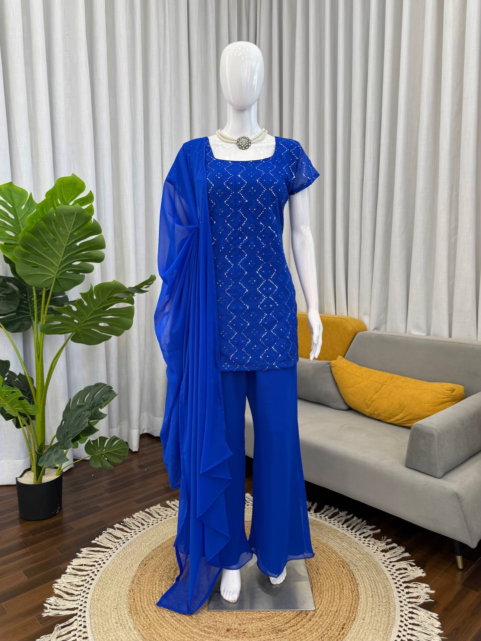 Faux Georgette Thread & Sequience Work Top Pent