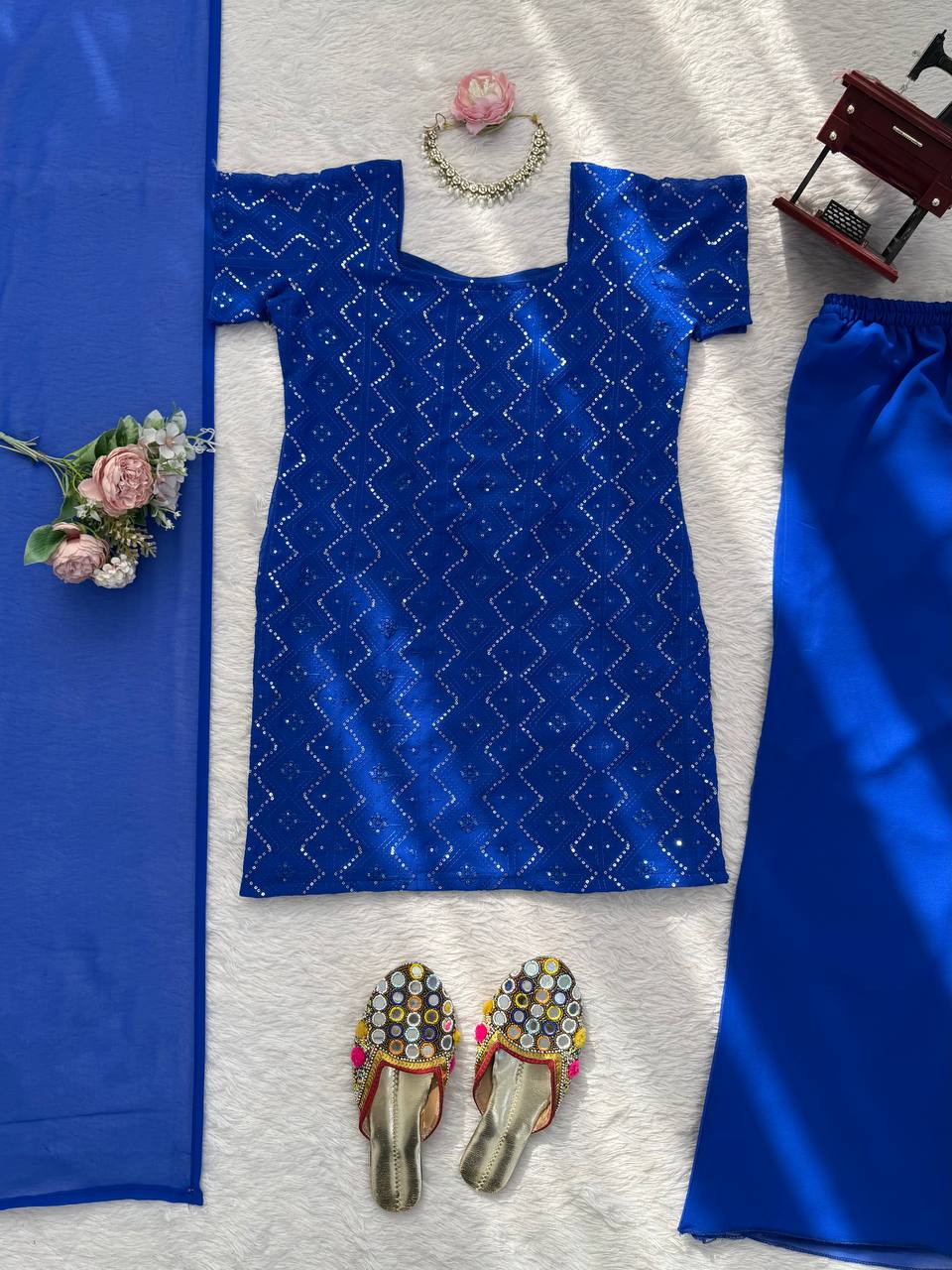 Faux Georgette Thread & Sequience Work Top Pent