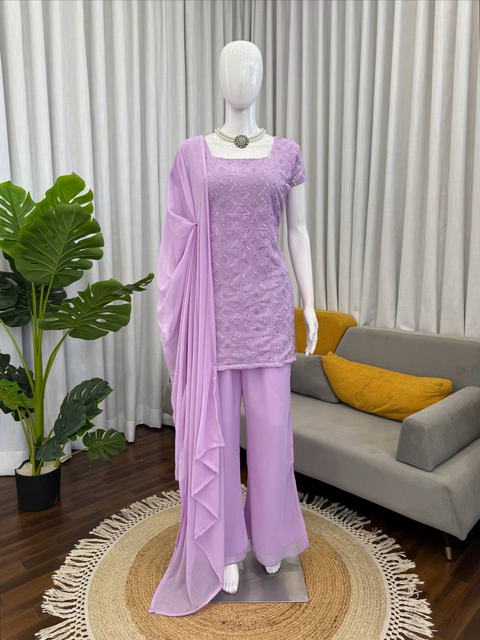 Faux Georgette Thread & Sequience Work Top Pent