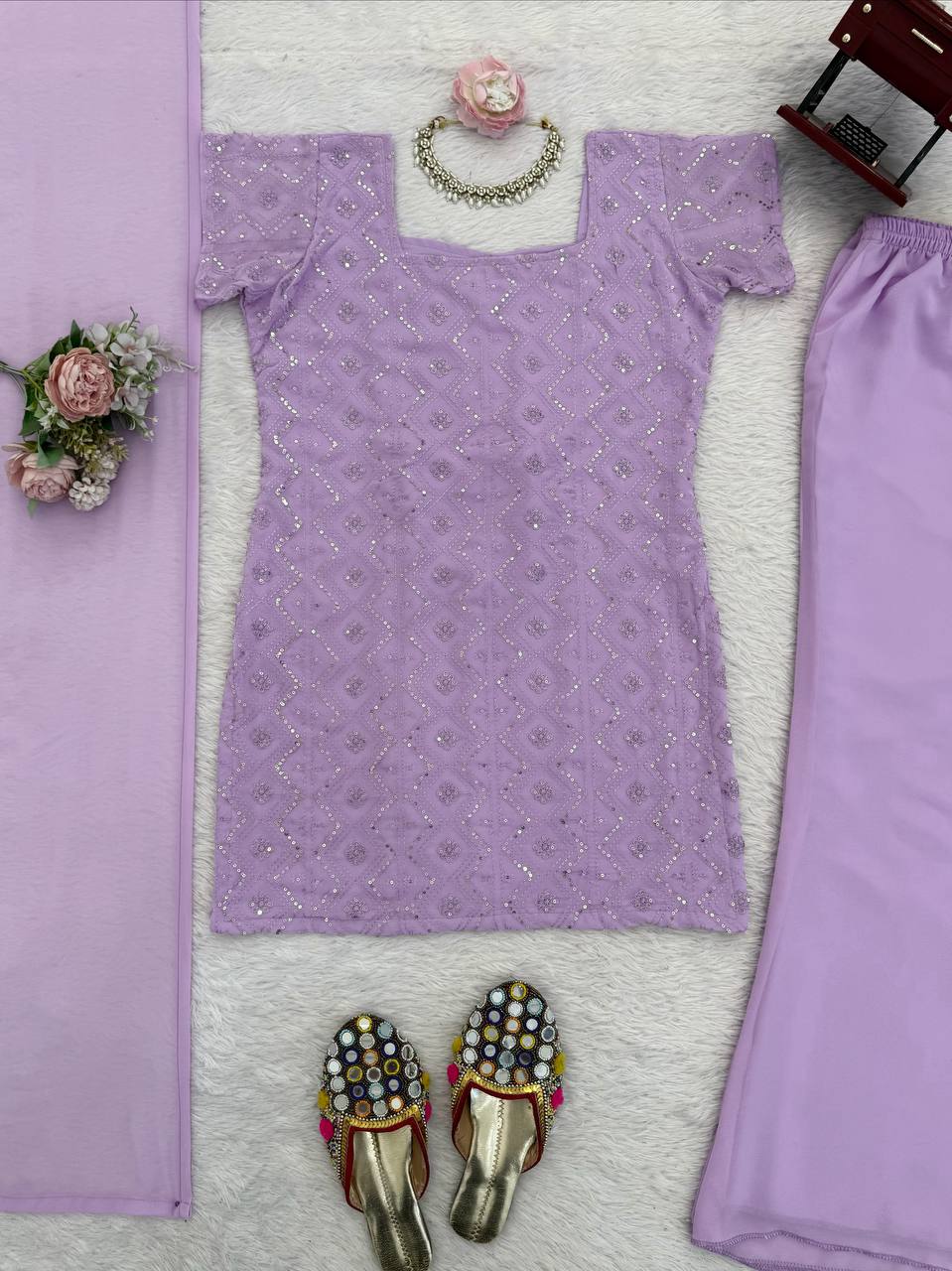 Faux Georgette Thread & Sequience Work Top Pent