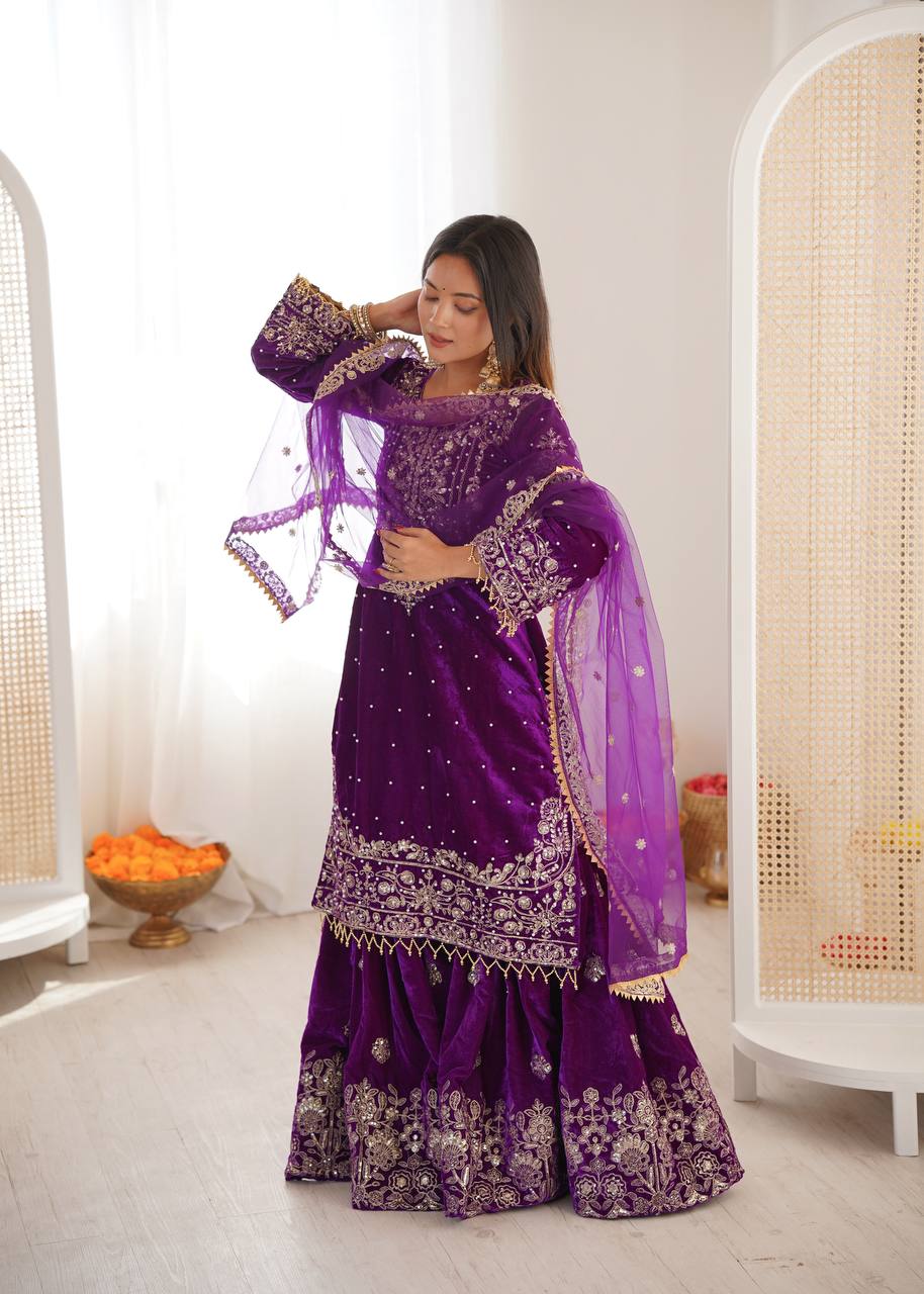 Designer Party Wear Heavy Viscose Velvet Top with Sharara