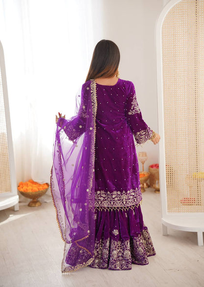 Designer Party Wear Heavy Viscose Velvet Top with Sharara