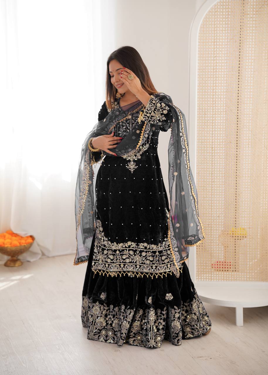 Designer Party Wear Heavy Viscose Velvet Top with Sharara
