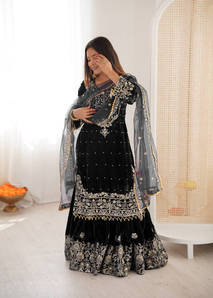 Designer Party Wear Heavy Viscose Velvet Top with Sharara