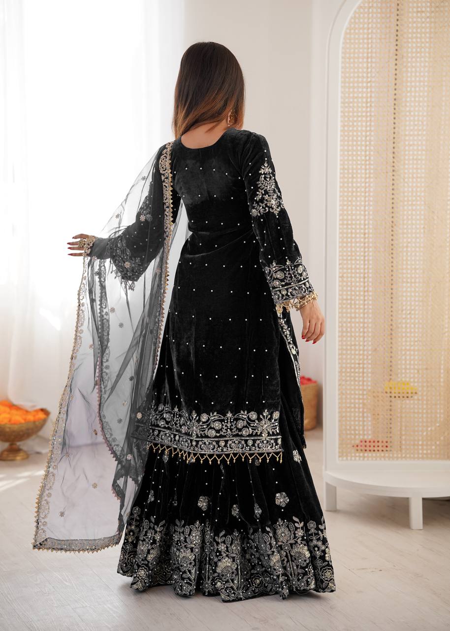 Designer Party Wear Heavy Viscose Velvet Top with Sharara