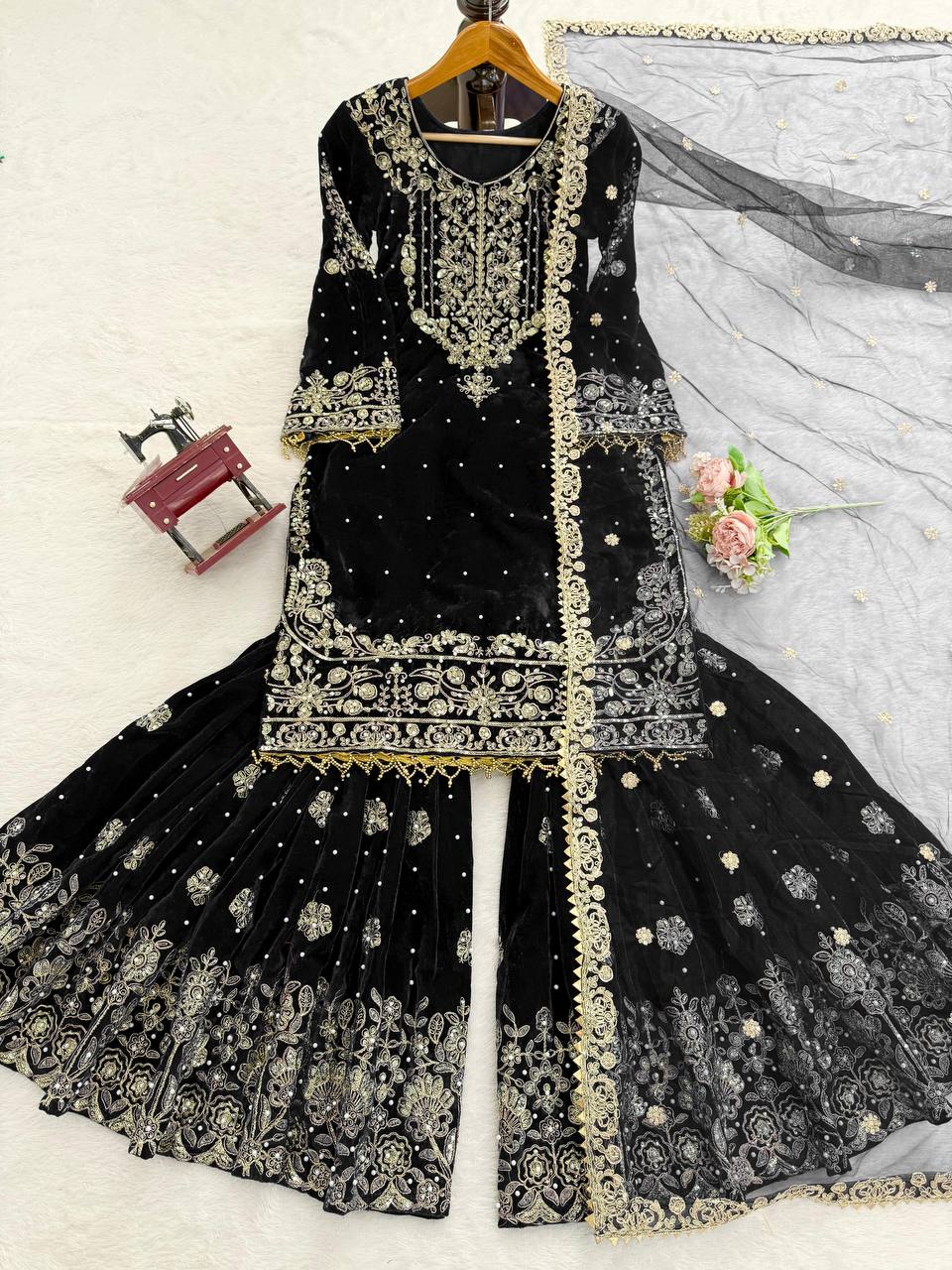 Designer Party Wear Heavy Viscose Velvet Top with Sharara