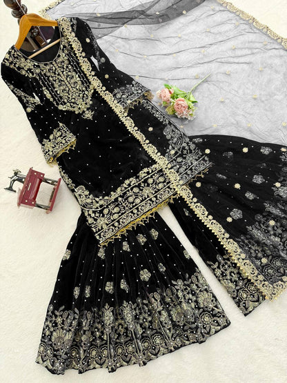 Designer Party Wear Heavy Viscose Velvet Top with Sharara