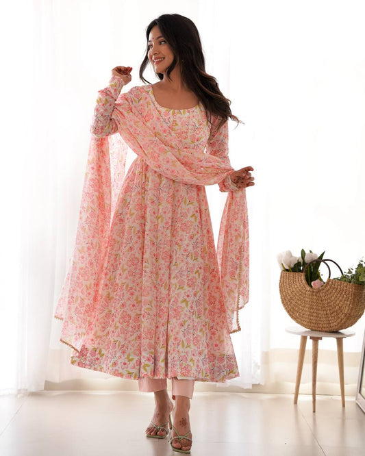 Orange Chiffon Floral Print Anarakali
