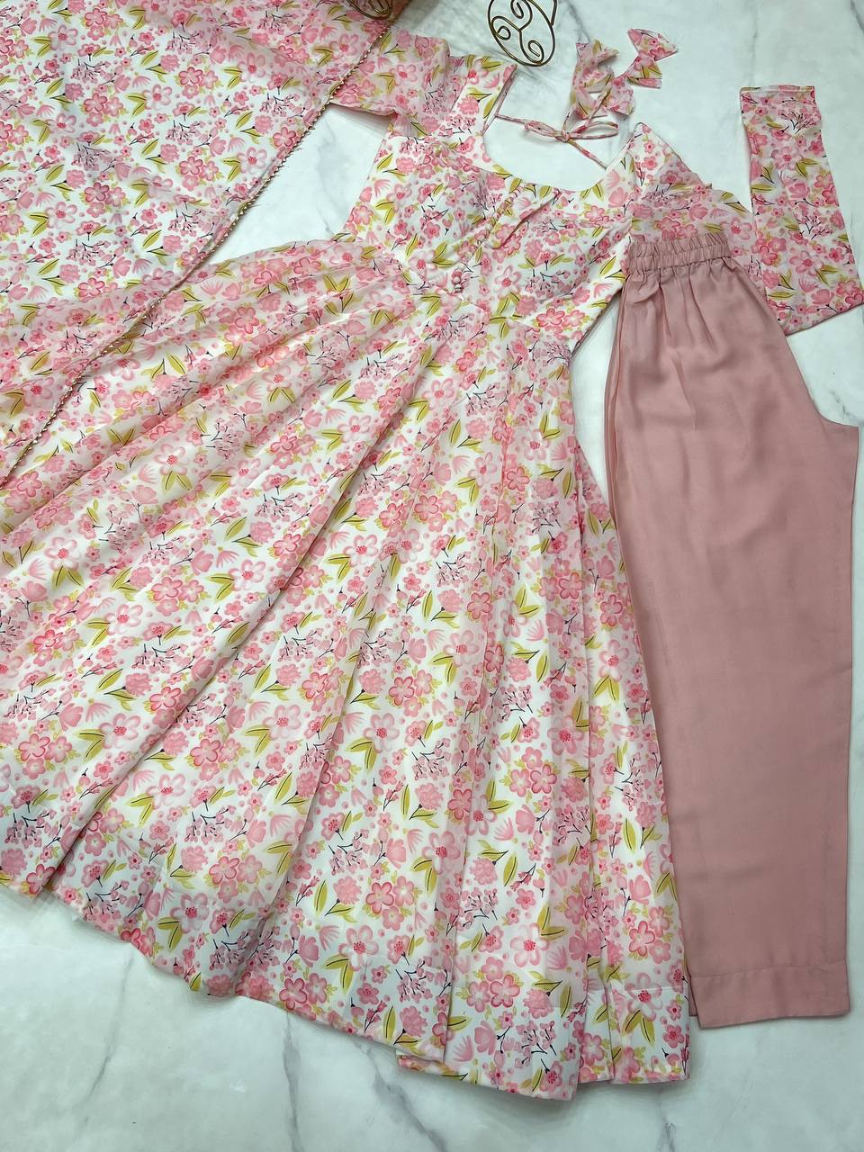 Orange Chiffon Floral Print Anarakali