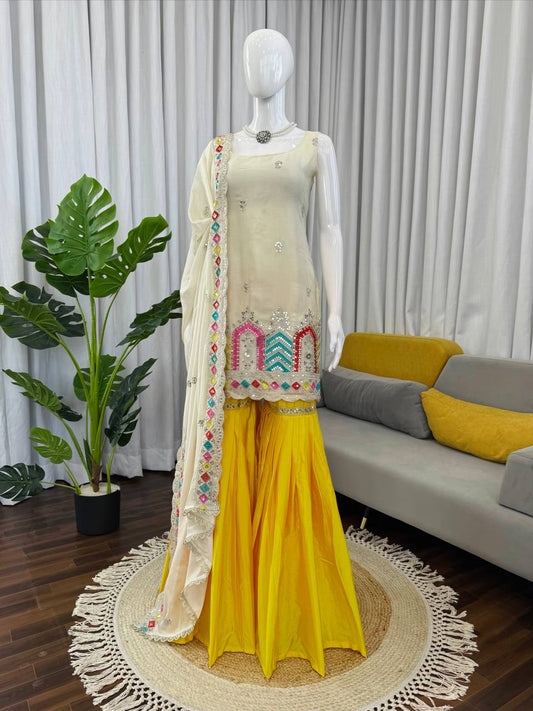 Heavy Chinon Silk With Thread & Sequience Work Top Sharara