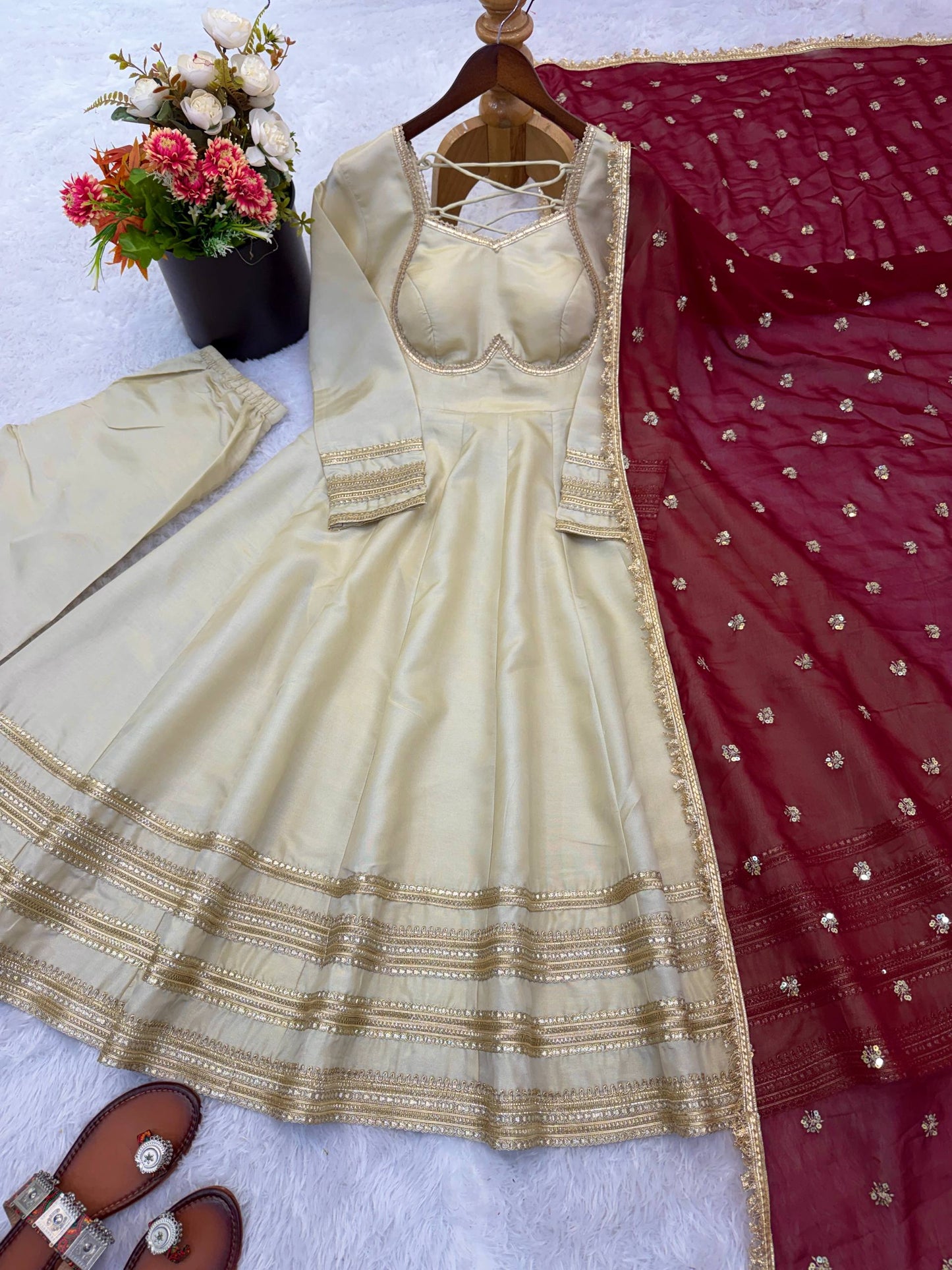 Cosmos Gold Lace Embroidered Gown Suit Set