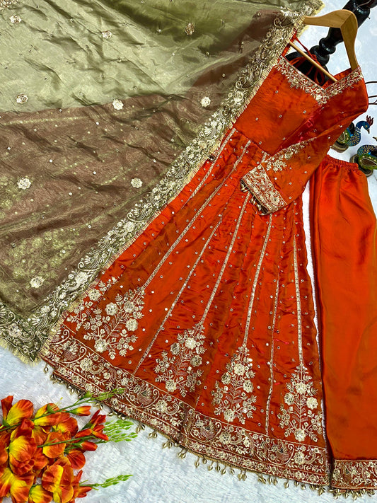 Orange Color Havy Embroidery Siqvas Work Gown Set