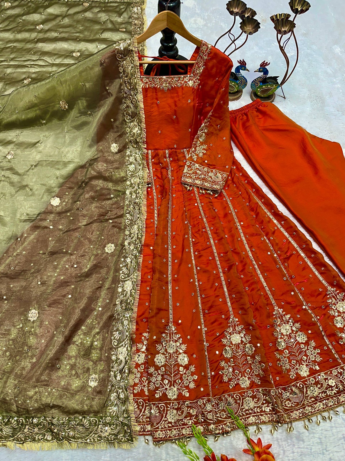 Orange Color Havy Embroidery Siqvas Work Gown Set