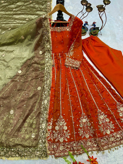 Orange Color Havy Embroidery Siqvas Work Gown Set