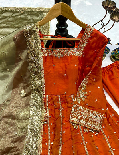 Orange Color Havy Embroidery Siqvas Work Gown Set