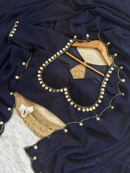 Beautifull Faux Georgette Hand Khatli Work Saree