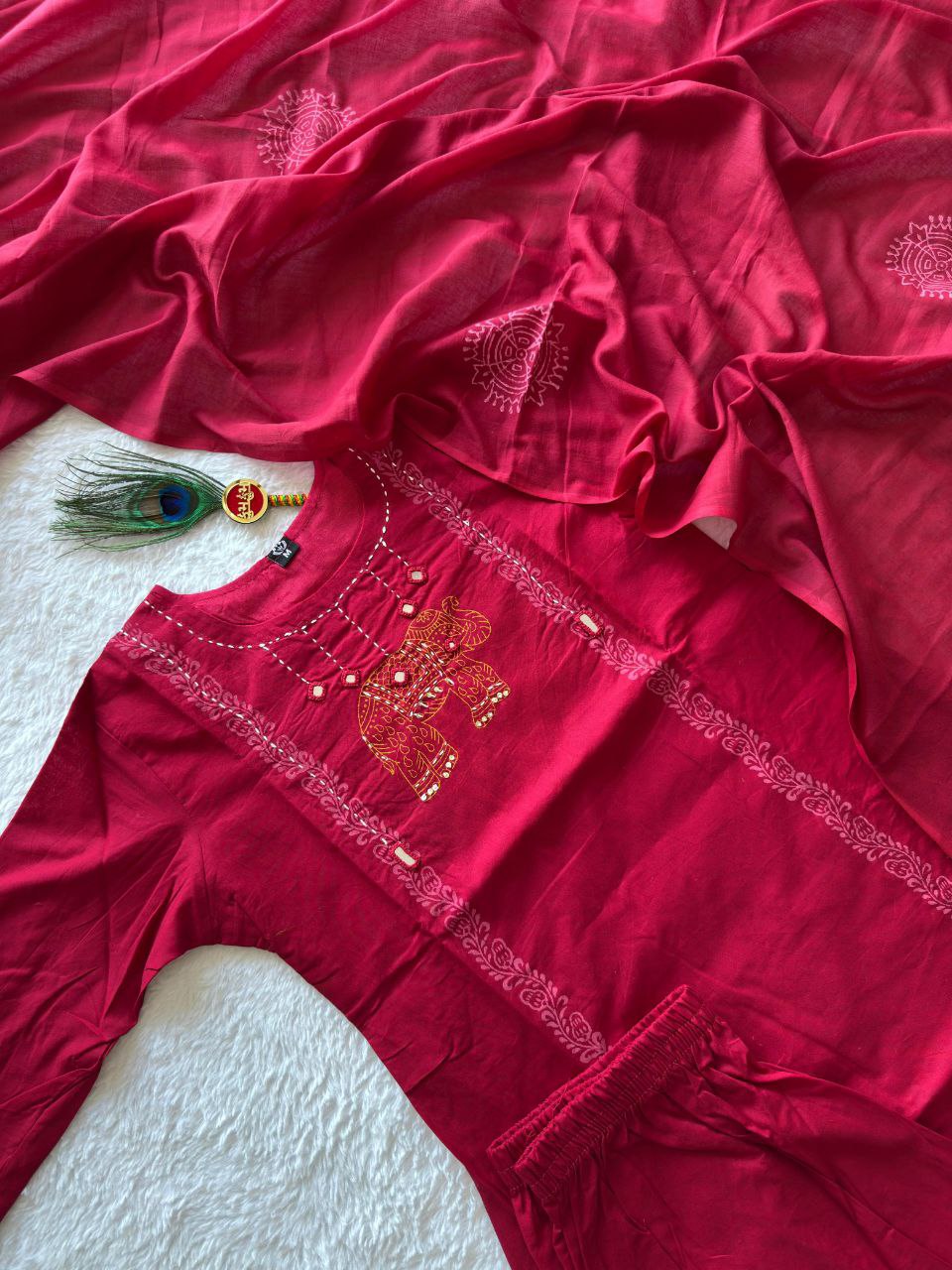 Beautifull Maroon Color Cotton Fabric With Hand Work Top Pent