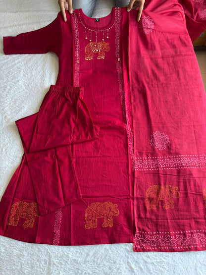 Beautifull Maroon Color Cotton Fabric With Hand Work Top Pent