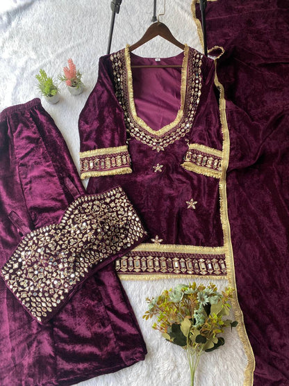 Beautifull Velvet With Real Mirror Work Top Plazzo