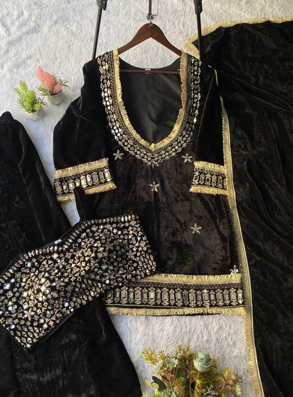 Beautifull Velvet With Real Mirror Work Top Plazzo