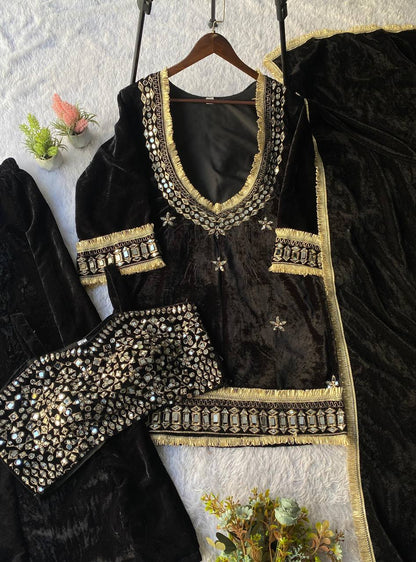 Beautifull Velvet With Real Mirror Work Top Plazzo
