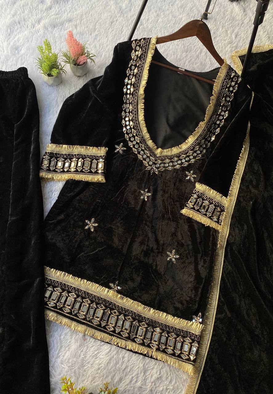Beautifull Velvet With Real Mirror Work Top Plazzo