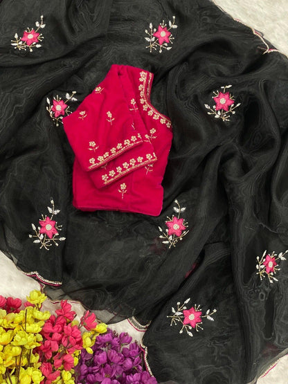 Designer Light Organza With Moti Cutdana Border & Heavy Handwork Saree