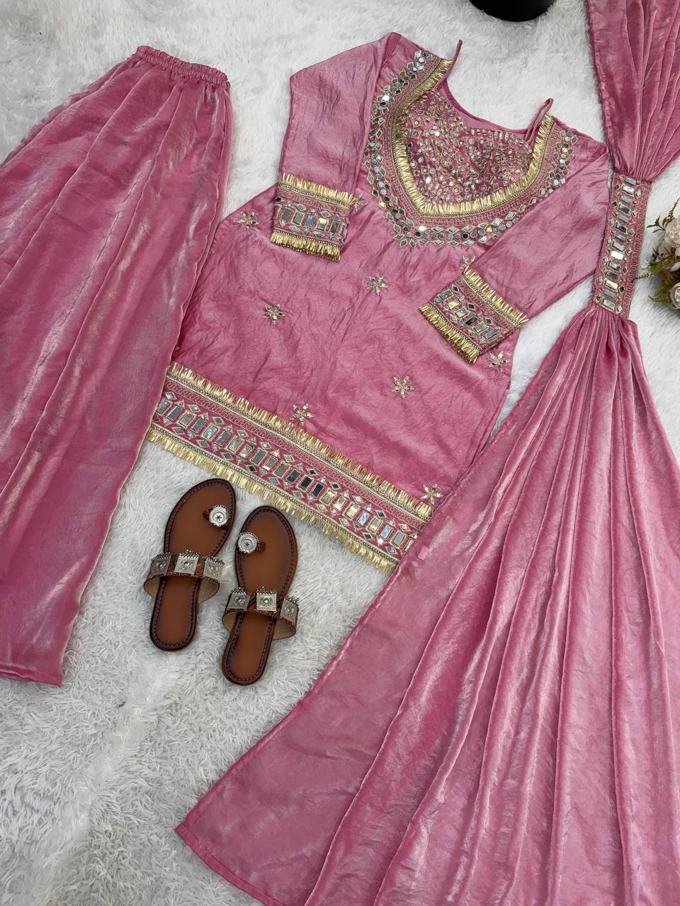 Beautifull Fendy Silk With Real Mirror Work Top Plazzo