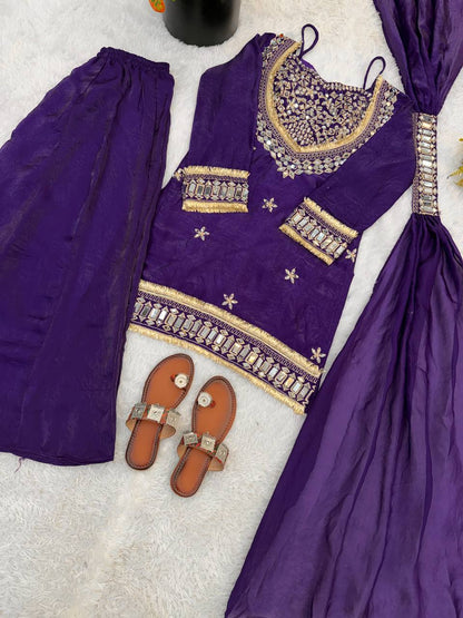 Beautifull Fendy Silk With Real Mirror Work Top Plazzo